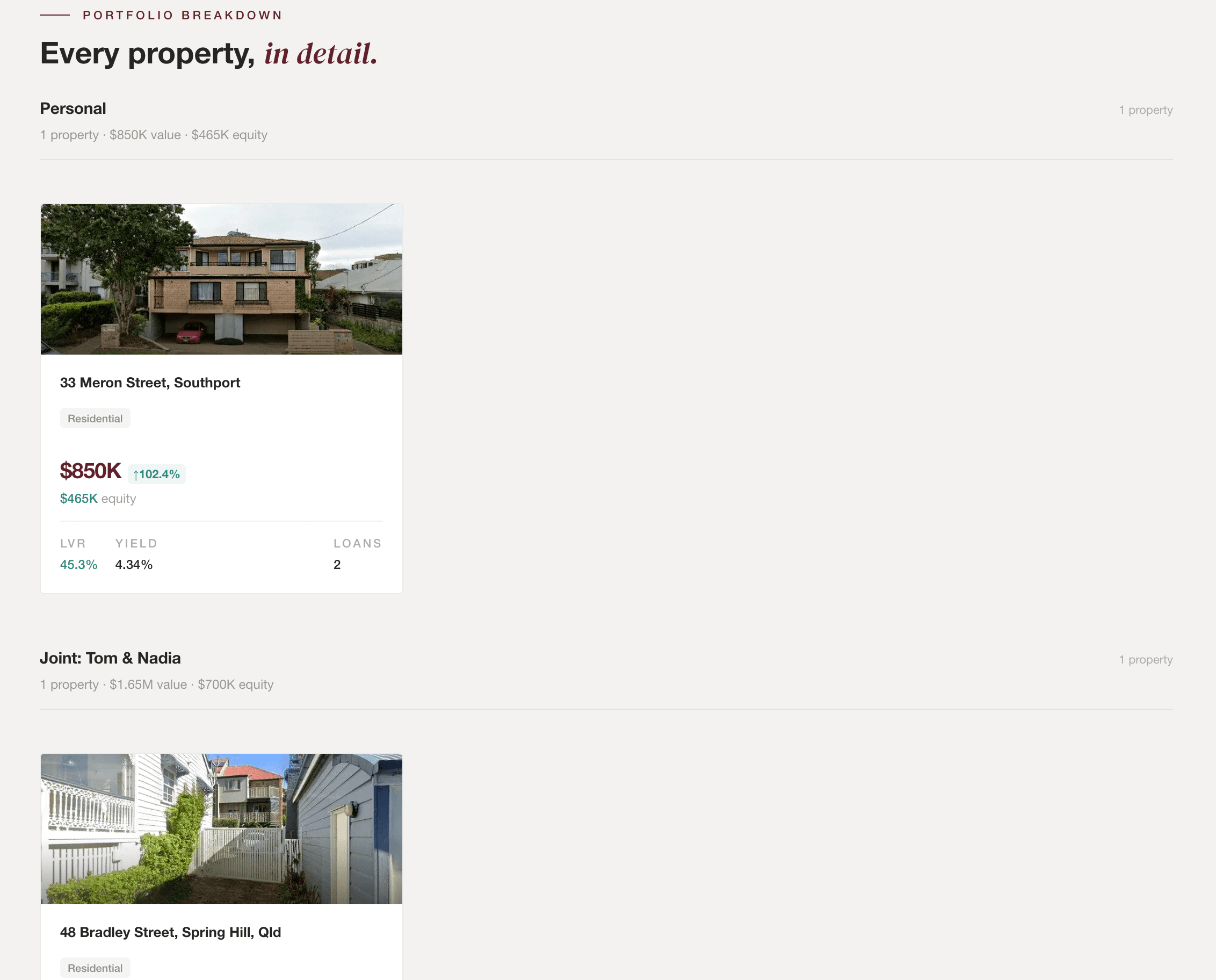All Here property details view showing value, debt, equity, LVR and capital improvements