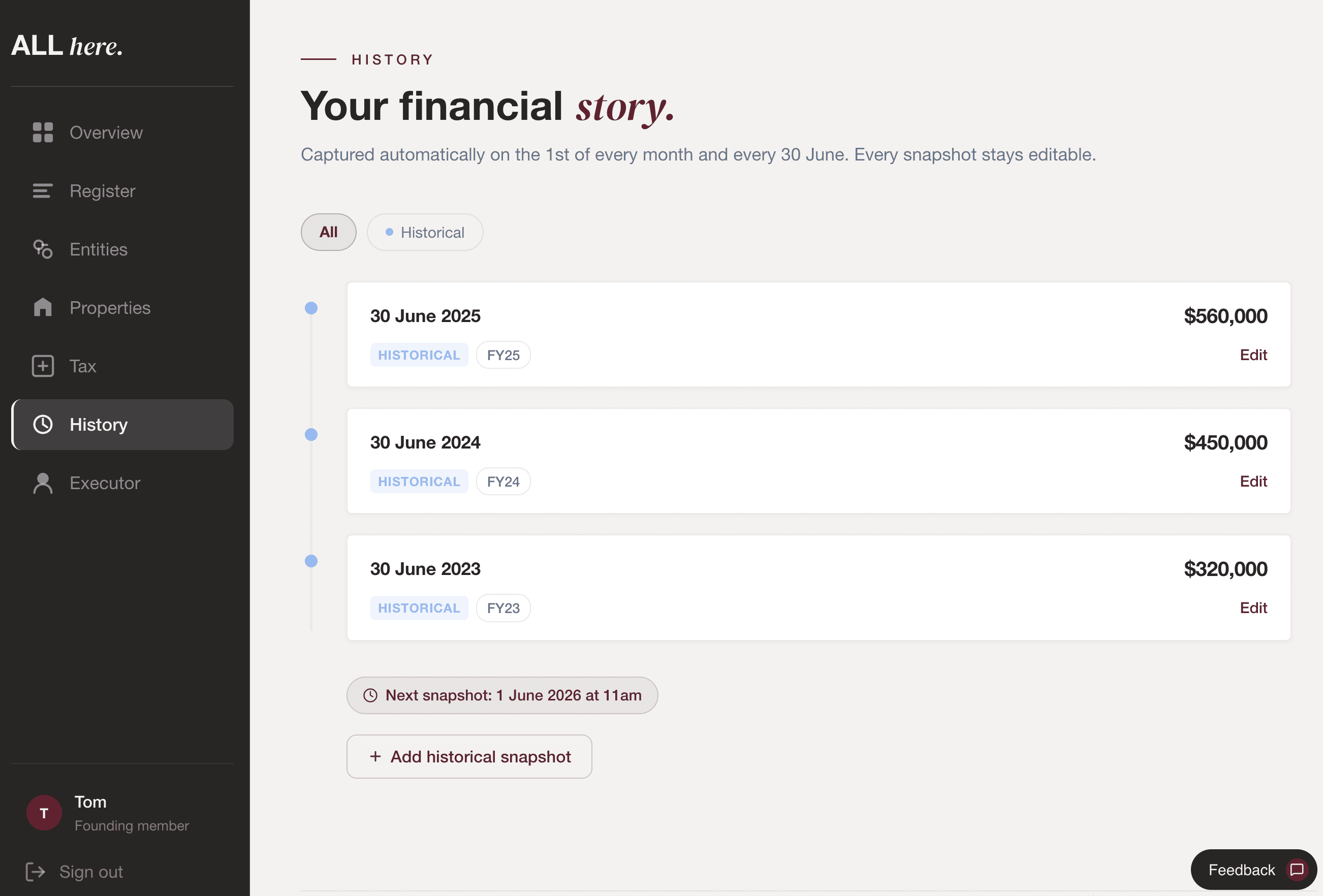 All Here financial history view showing monthly and financial-year snapshots tracking net worth over time