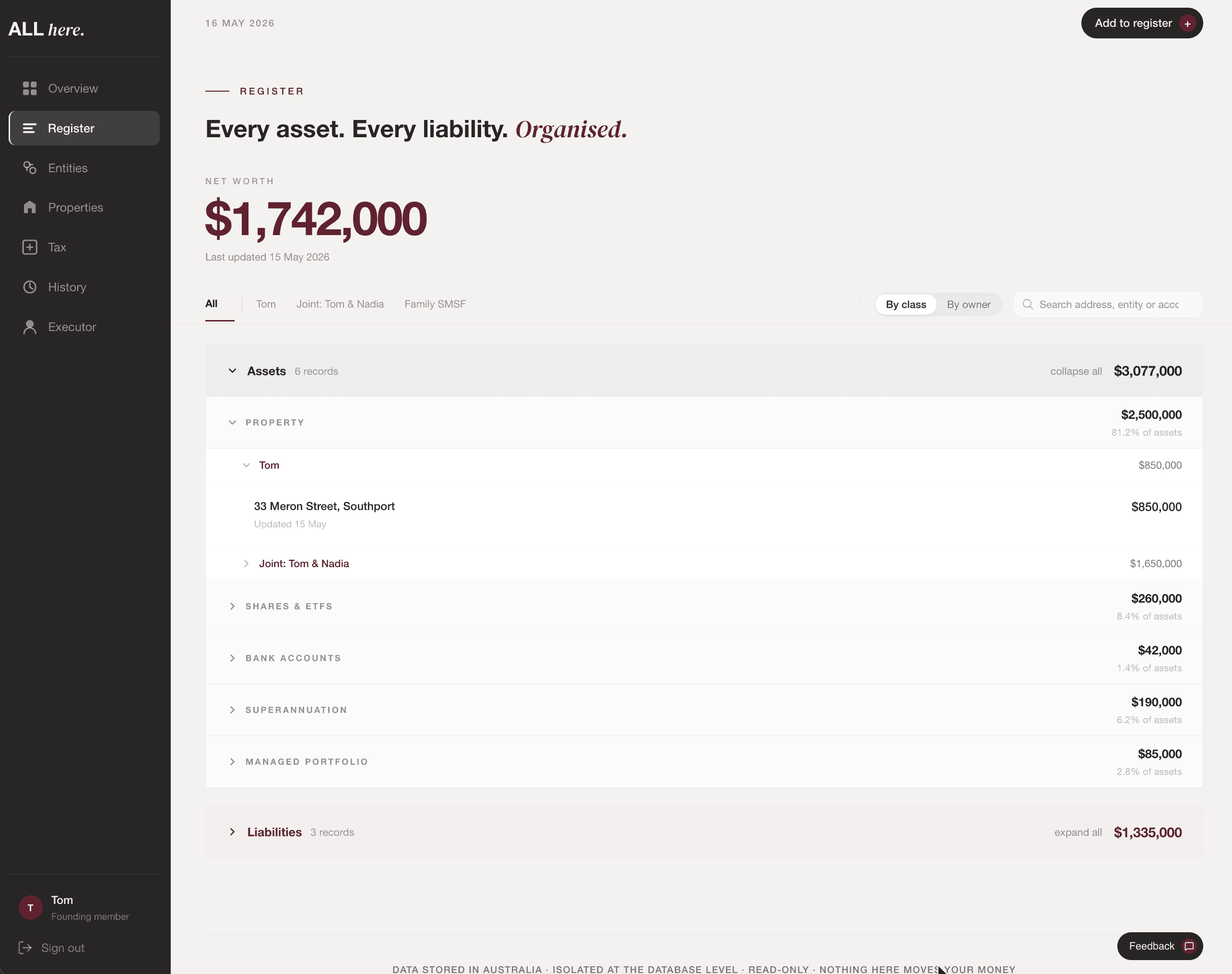 All Here register view showing assets, liabilities, ownership and key details organised by person, household and entity